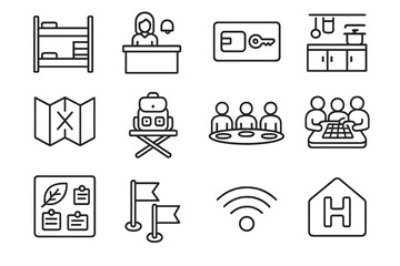 Fototapeta premium Hostel Icon Set. Outline vector icons of hostel or shared stay: bunk beds, check-in desk, key card, shared