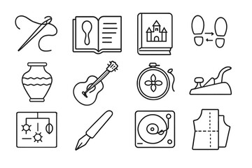 Learning Tradition Icons. Outline vector icons of learning traditions: needlework, handwritten recipe, classic