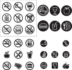 Collection of circular icons featuring prohibited activities and allowed items with a distinctive silhouette style