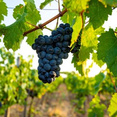 Fototapeta premium A close-up cluster of ripe, dark purple grapes hangs from a vine, surrounded by lush green leaves in a vineyard setting.