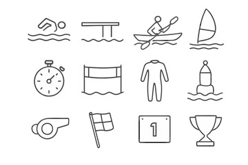 Water Sports Icons. Outline vector icons of water sports competitions: swimming lane, diving board, kayak,