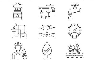 Water Conservation Icons. Outline vector icons of water conservation efforts: rain barrel, drip irrigation,
