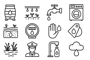 Water Conservation Icons. Outline vector icons of water conservation efforts: rain barrel, drip irrigation,