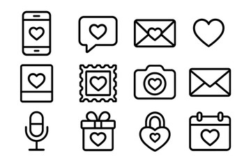 Romantic Communication Icons. Outline icon set of romantic communication: smartphone, chat bubble, email,