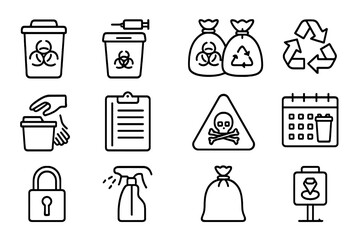 Hospital Waste Management Icons. Outline vector icons of hospital waste management: red bio bin, sharp box,