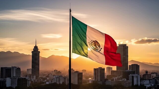 The Mexican national flag waves against a city skyline at sunset - Powered by Adobe