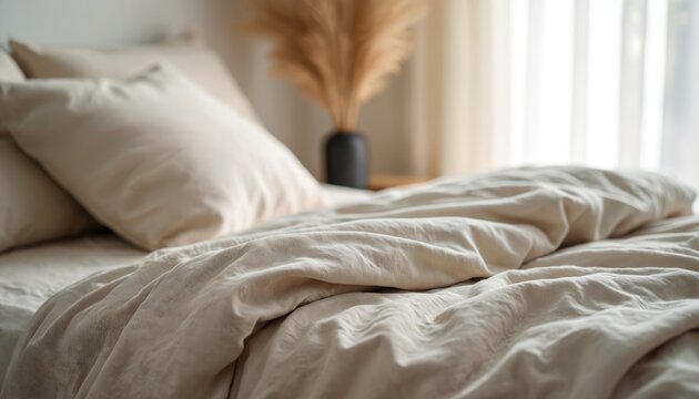 Close-up of natural linen textured bedding in neutral beige colors. Soft, crumpled fabric on bed with pillows, creating tranquil, sophisticated bedroom aesthetic. Comfortable, eco-friendly home - Powered by Adobe
