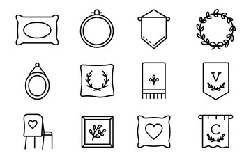 Embroidery Decor Icons. Outline vector icons of personalized home decor embroidery: name pillow, quote hoop,