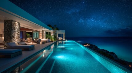 Luxurious infinity pool overlooking the ocean under a starry night sky