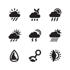 Black weather icons diverse meteorological symbols for forecasting and information presentation