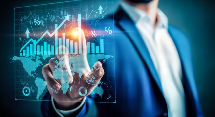 Businessman interacting with a futuristic holographic financial data display showing global market trends and stock performance charts, symbolizing growth and technology