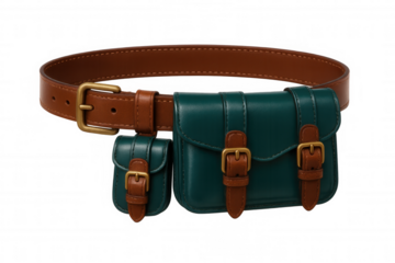 Leather belt bag in green with brown straps, showcasing multiple compartments, positioned against transparent backdrop for fashion accessory designs