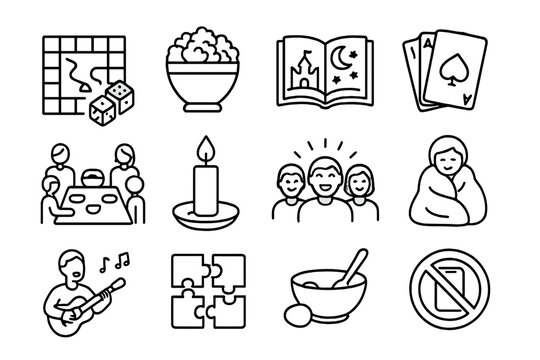 Family Screen-Free Night. Outline vector icons of having a family night with no screens: board game, popcorn