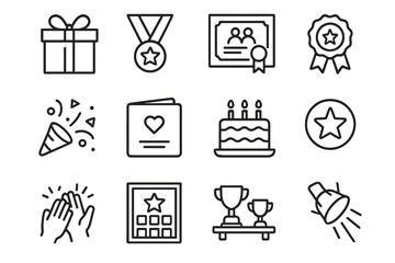 Recognition Icons Grid. Outline vector icons of recognition and rewards events: gift box, achievement medal,