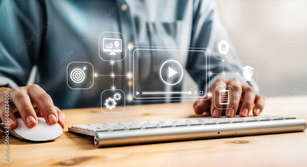 Poster person using a computer with a digital interface showing various icons related to business, technolo