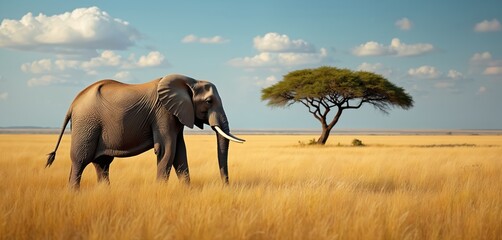 Fototapeta premium Majestic elephant walks across African savannah abundant with tall golden grasses, acacia trees under blue sky with scattered clouds. Scene embodies of wildlife, safari adventures, natural beauty of