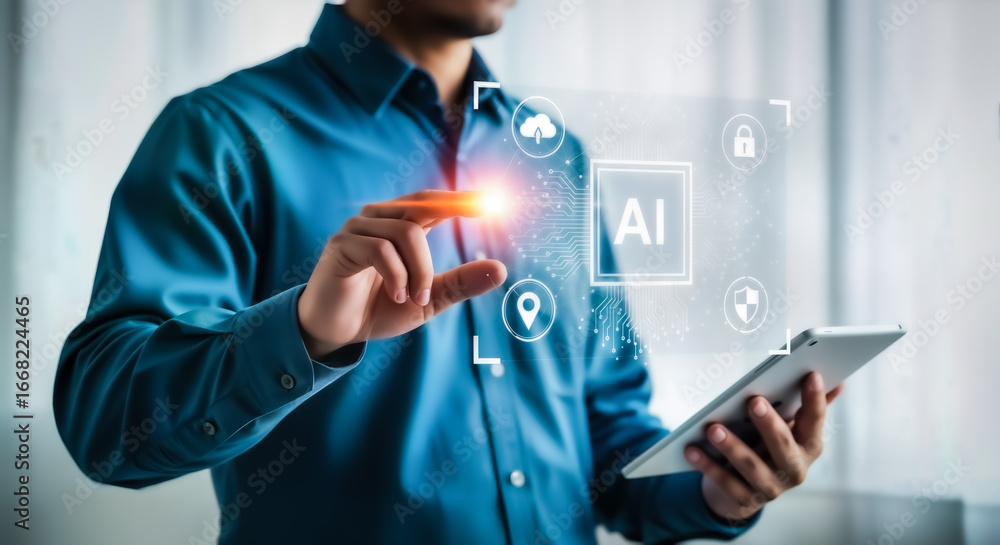 Aufkleber man interacting with artificial intelligence interface on tablet, technology concept