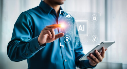 Man interacting with artificial intelligence interface on tablet, technology concept