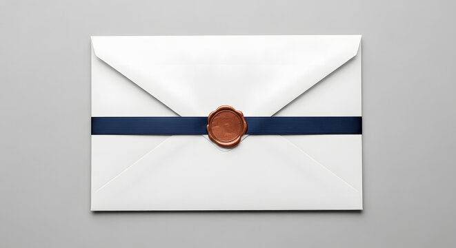 Elegant invitation with wax seal and navy ribbon on a crisp white envelope set against a soft gray background conveying sophistication and anticipation for special occasions or announcements