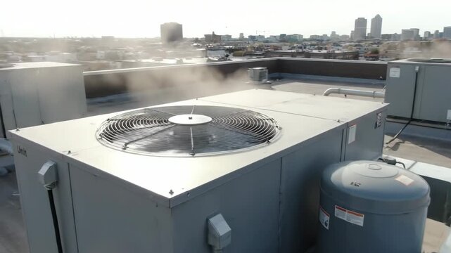 Rooftop Air Condenser Unit with City View - An air condenser unit is shown on a rooftop, emitting vapor. The unit is grey and features a large fan, with a cityscape visible in the background.