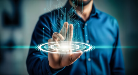Man touching a futuristic holographic interface with glowing digital data streams emanating from his fingers, representing technology and innovation