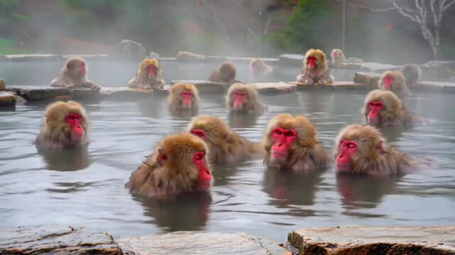 Japanese Snow Monkeys Relaxing Together in a Natural Hot Spring