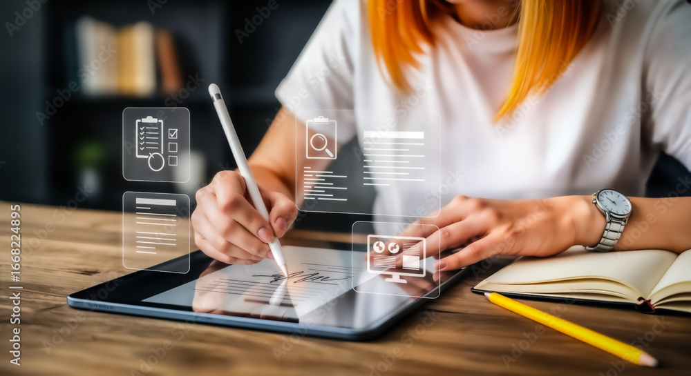 Poster woman using a stylus on a tablet with holographic interface, reviewing documents and data, symbolizi