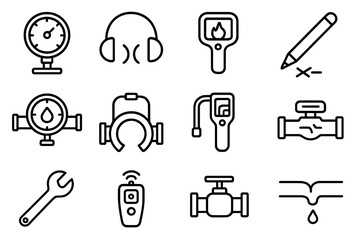 Pipe Leak Detection Icons. Outline icon set of pipe leak detection tools: pressure gauge, acoustic sensor,