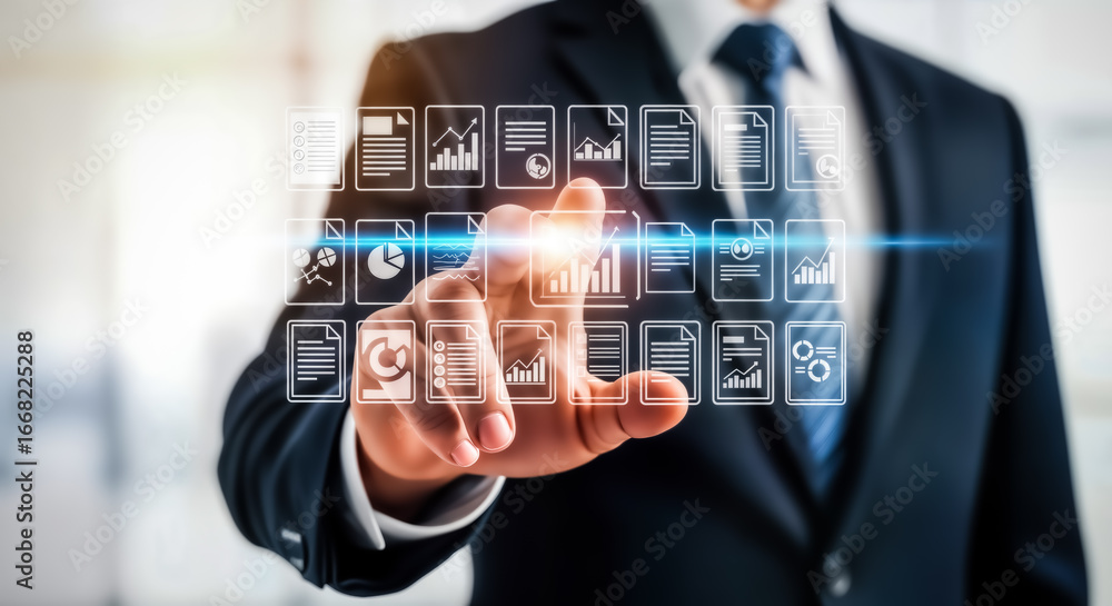 Poster businessman touching a futuristic interface displaying charts, graphs, and documents, representing d