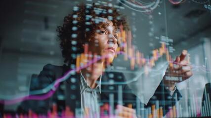 Female executives analyzing cryptocurrency charts projected on transparent screens, modern office workspace with futuristic UI elements, dynamic financial data visualization, no branding.