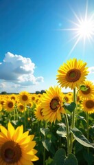 Fototapeta premium Vibrant sunflowers stretch towards a vast, clear blue sky, bathed in golden sunlight A breathtaking summer scene, full of warmth and nature's beauty , flora, clear sky, peaceful