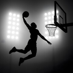 A basketball player dunking in silhouette against stadium floodlights