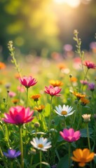 Fototapeta premium Vibrant wildflowers bloom in a sun-drenched meadow, creating a breathtaking tapestry of color and natural beauty Perfect for nature, spring, and summer themes , pink, idyllic, tranquil