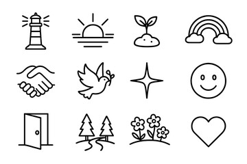 Fototapeta premium Symbols of Hope. Outline icon set of finding hope after disaster: lighthouse, sunrise, seed sprouting, rainbow