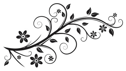 A black and white floral design with swirling branches leaves and small flowers in a decorative pattern