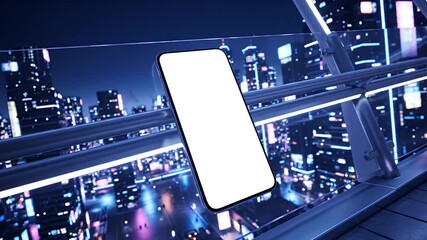 A smartphone with a blank screen is displayed against a nighttime cityscape background. - Powered by Adobe