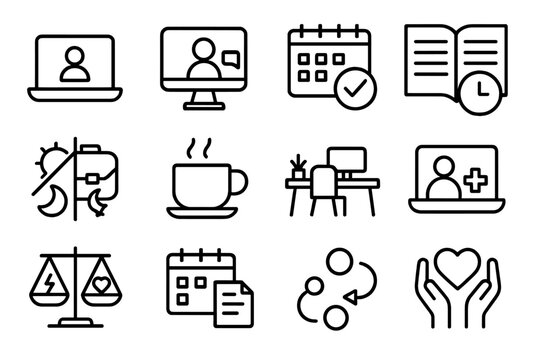 Flexible Work Icon Set. Outline icon set of flexible working for health needs: remote work, video call, quiet