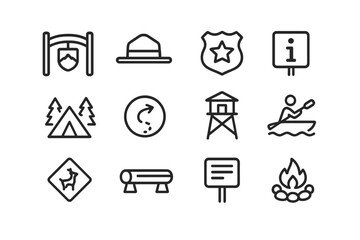 National Park Icons. Outline icon set of national park lake trips: park gate, ranger hat, permit badge, info