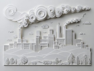 Naklejka premium White Paper Cut Cityscape with Pollution and Hills