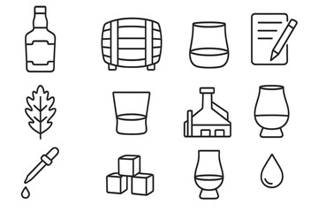 Whiskey Tasting Icons Set. Outline icon set of whiskey tasting: bourbon bottle, aging barrel, whiskey glass,
