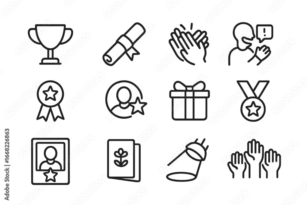 Poster employee recognition icons. outline icon set of employee recognition: trophy cup, certificate scroll
