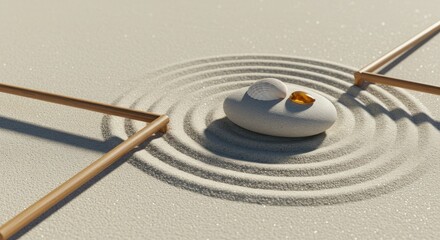 Zen garden with raked sand patterns and balanced stones creating a peaceful and serene atmosphere