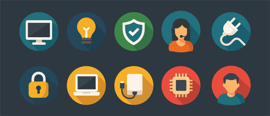 Flat Technology and IT Icon Set – Computer, Security, Support, Innovation, Hardware