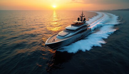 Luxury motor yacht cruises ocean at sunset. Modern superyacht travels on calm sea creating white waves. Warm golden sun reflects on water surface. Exclusive nautical travel and leisure.