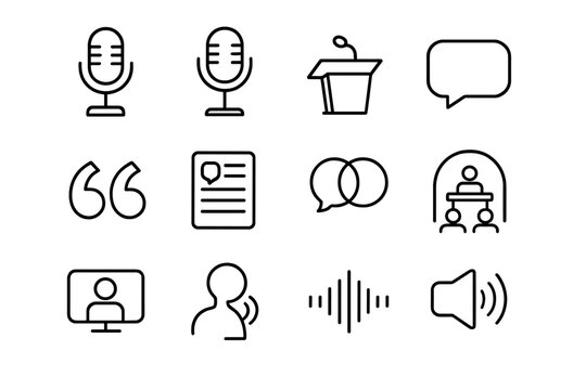 Speech Platforms Icons. Outline icon set of speech platforms: radio mic, podcast icon, podium, speech balloon,