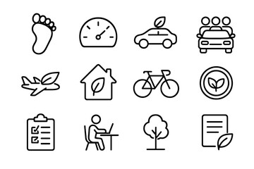 Carbon Footprint Icons. Outline icon set of carbon footprint reduction: foot icon, CO2 gauge, hybrid car,