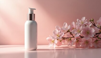 White bottle with pump dispenser, rose gold cap sits next to delicate pink cherry blossoms. Subtle lighting creates soft shadows on pastel pink background. Elegant presentation for skincare,