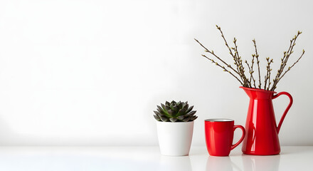 Minimalist still life featuring a succulent in a white pot, a red mug, and a red pitcher filled with budding branches against a clean white background perfect for springtime aesthetics