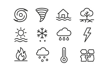 Weather Icon Set. Outline icon set of extreme weather events: hurricane, tornado, flood, drought, heatwave,