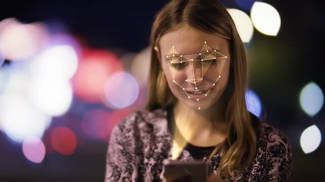 Woman's face with facial recognition overlay at night